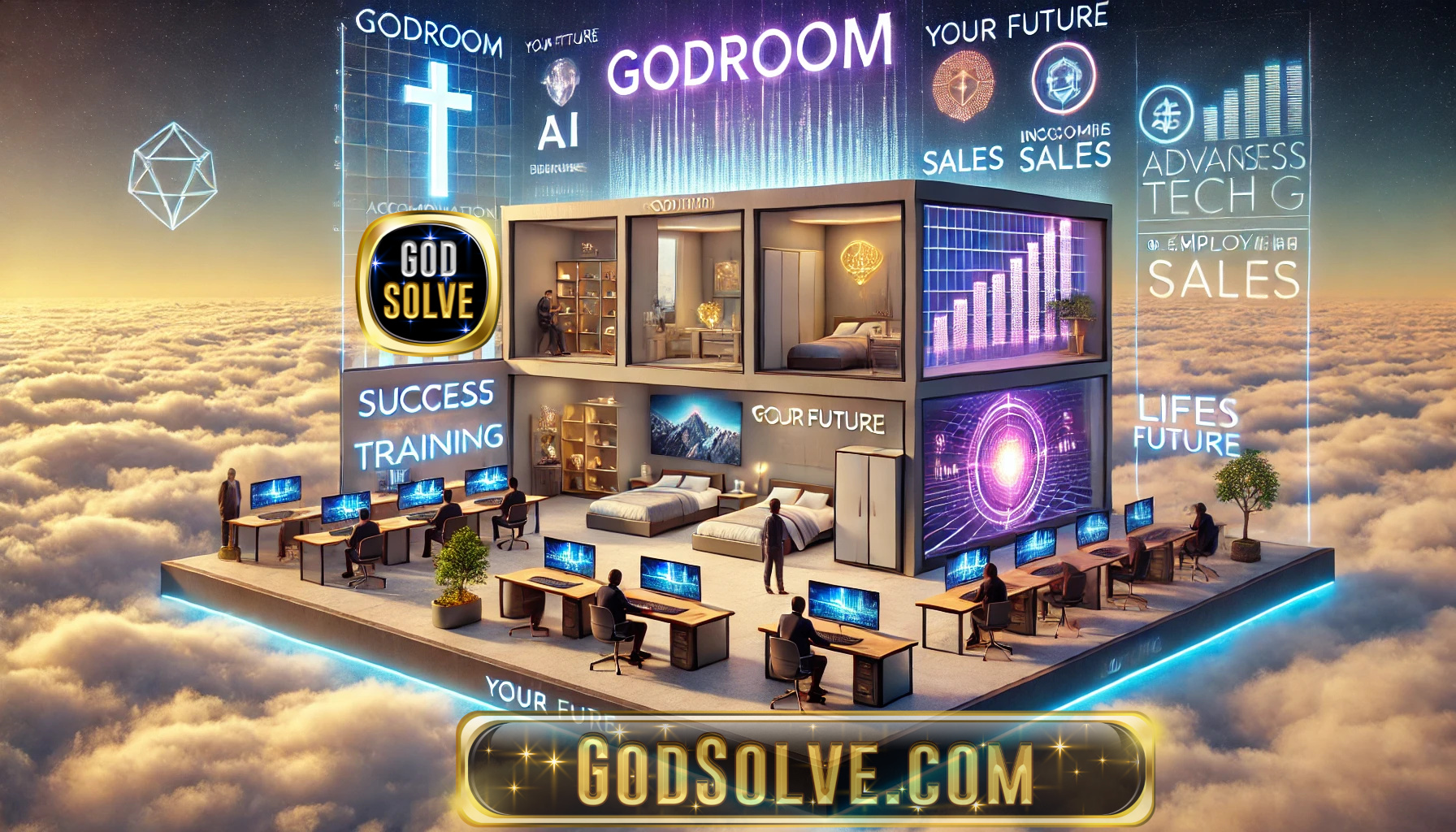 Futuristic workspace with technology themes.