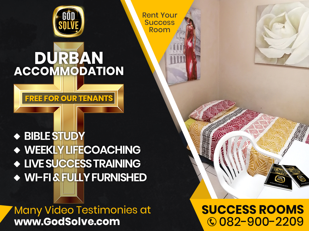 Promotional flyer for Durban accommodation by GodSolve. Lists amenities like Bible study, coaching, Wi-Fi, and furnished rooms. Includes contact info, website, a photo of a bed, chair, and decor in a room.