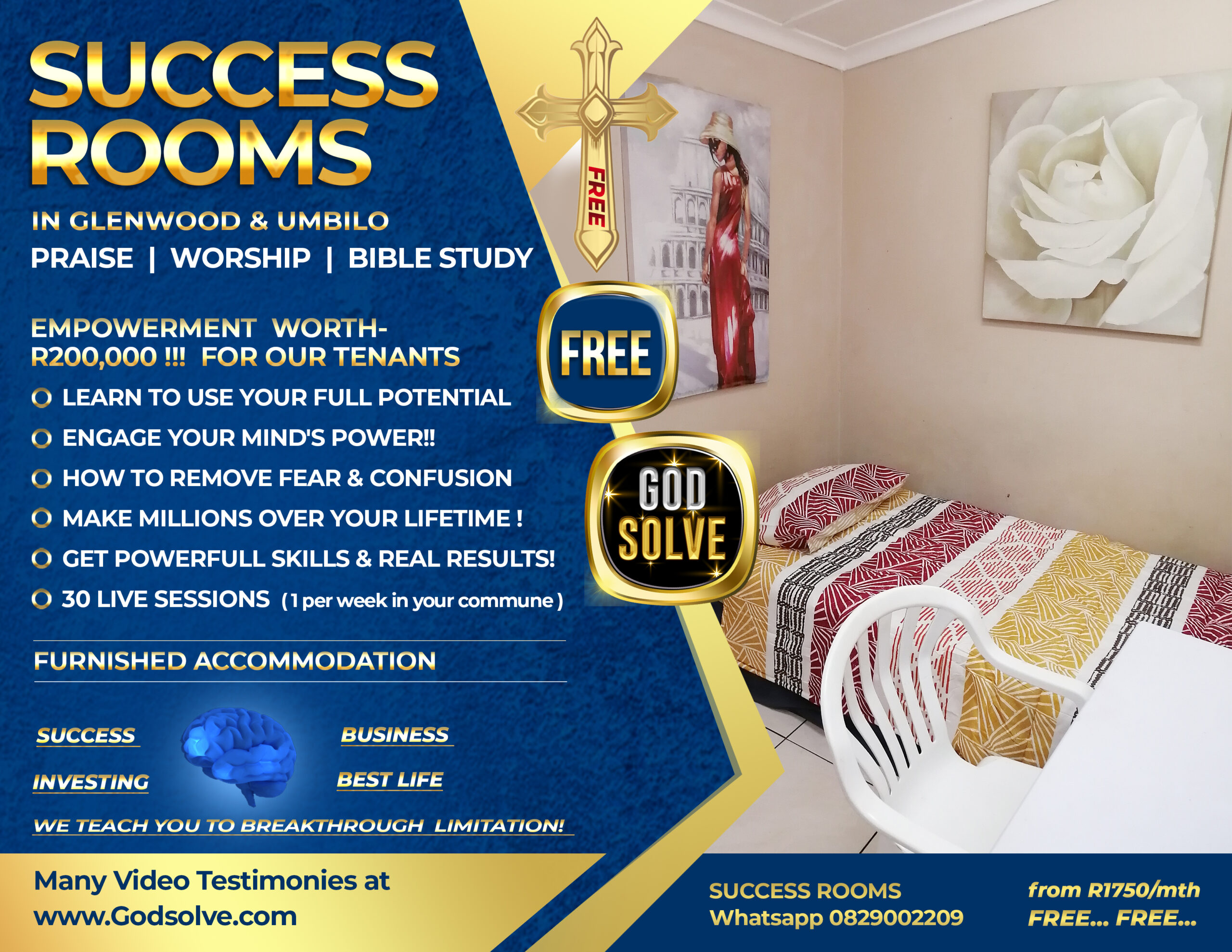 A brightly decorated room with a single bed, desk, and chair. Promotional text advertises Success Rooms in Glenwood & Umbilo, offering furnished accommodation and free empowerment workshops, Bible study, and praise.
